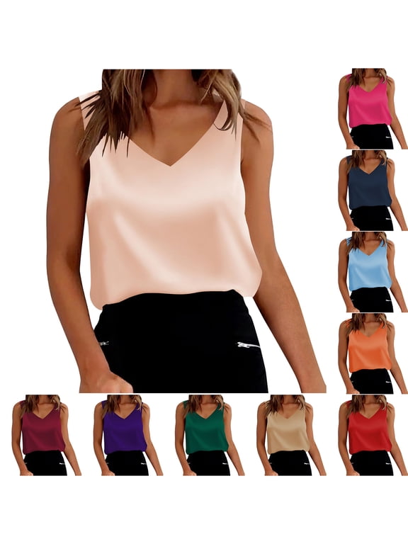 Women Silk Satin Tank Tops Sleeveless Tops Summer Basic Tank Shirt Dressy Casual V-Neck Solid Camisole Blouses Hot Pink L