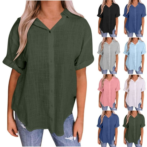 VBTAPA Womens Short Sleeve Dress Shirt Cotton Linen Casual Button Down Shirts Lightweight Breathable Office Work Shirt Army Green L