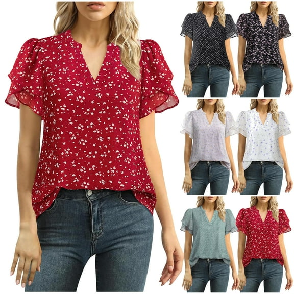 VBTAPA Womens Summer Tops Dressy Casual V Neck Ruffle Short Sleeve Shirts Loose Flowy Chiffon Work Business Blouses Pink XXL