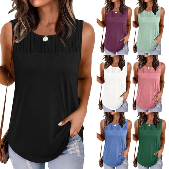 VBTAPA Womens Tank Tops Summer Casual Square Neck Sleeveless Tops Loose Flowy Pleated Shirt with Curved Hem Green XXL
