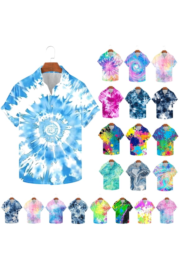 Funky Hawaiian Shirt for Men Short Sleeve Tie Dye Printed Button Down Shirts Casual Aloha Beach Shirt Summer Vacation Tops Prime Sales of The Day Multicolor L