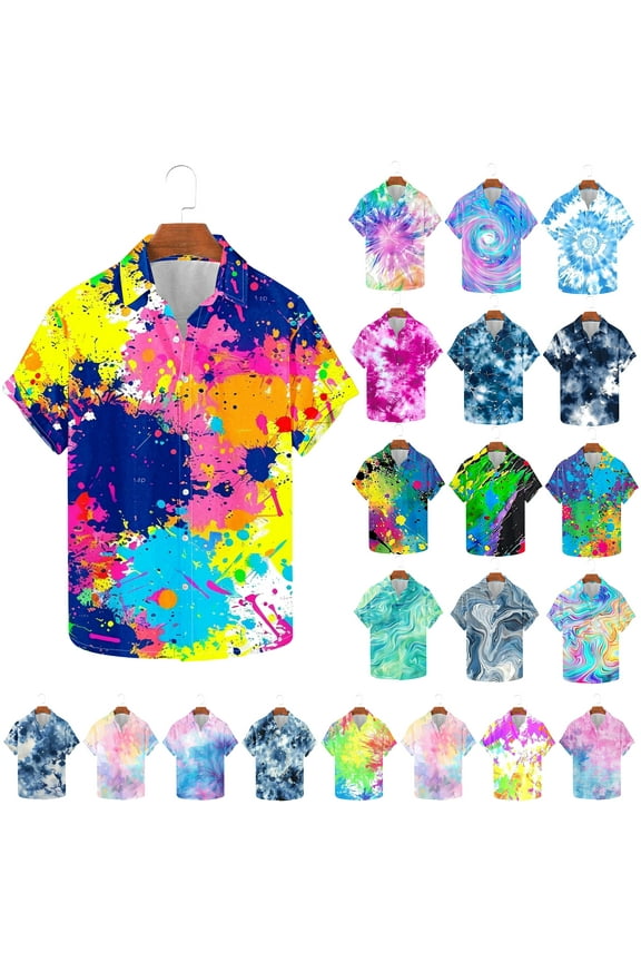Funky Hawaiian Shirt for Men Short Sleeve Tie Dye Printed Button Down Shirts Casual Aloha Beach Shirt Summer Vacation Tops Prime Sales Today Multicolor XXXL