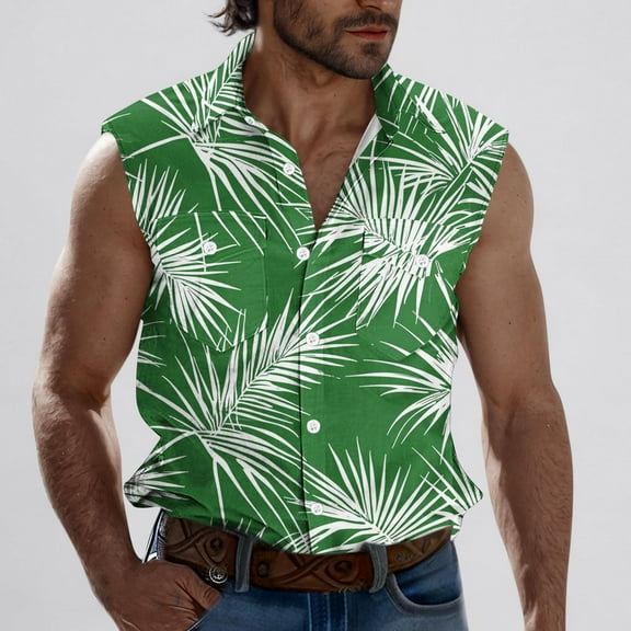 VBTAPA Funky Hawaiian Shirt for Men Sleeveless Casual Button Down Shirts Tropical Summer Beach Tank Top Aloha Party Blouse Multicolor L