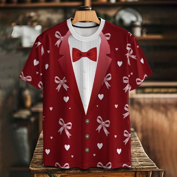 VBTAPA Funny Shirts for Men Valentine Day Heart Graphic Bow Tie Tuxedo Printed Short Sleeve Tops Casual Holiday Vacation Party Tshirt Wine M