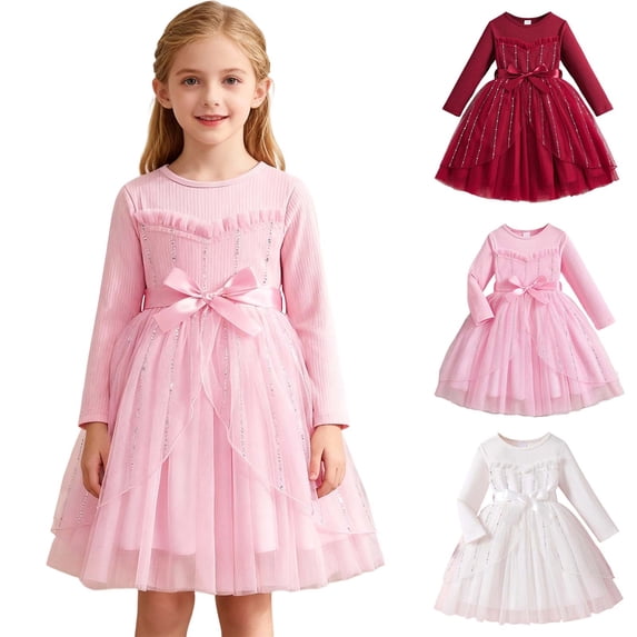 VBTAPA Girl Tutu Dress Fall Winter Long Sleeve Star Sequin Holiday Party Tulle Dresses Red 7 Years