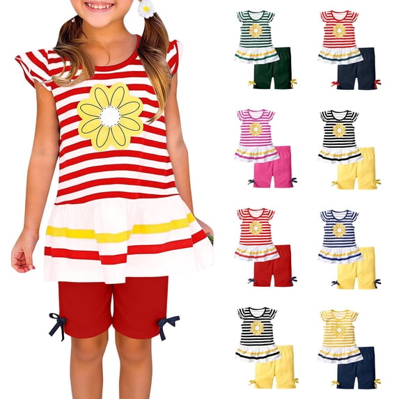 VBTAPA Girls Outfit Sunflower Print Ruffle Sleeve Top and Capri Legging Clothing Set Cute 2 Piece Outfits Hot Pink 3-4Years