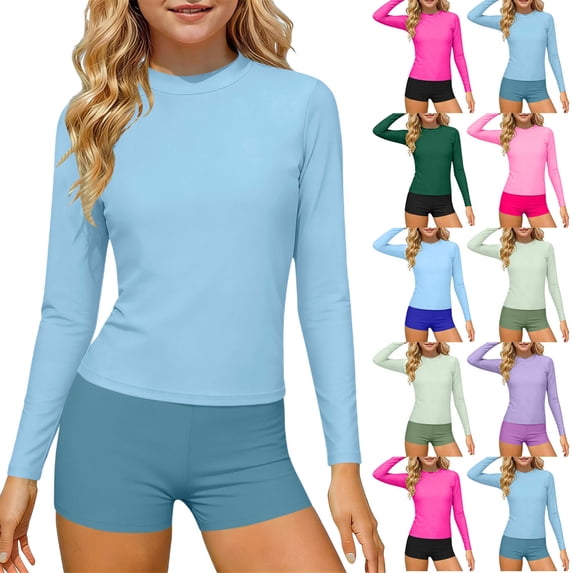 VBTAPA Girls Rash Guard Swimsuit Color Block Long Sleeve 2 Piece Bathing Suit UPF 50+ Summer Beach Swimwear Hot Pink 13-14Years