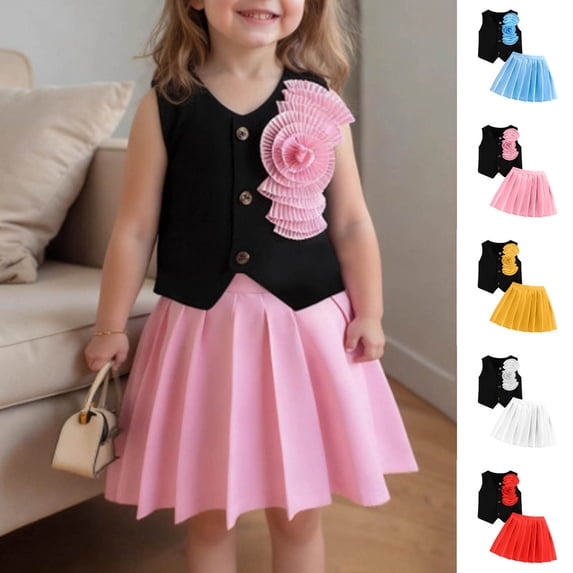 VBTAPA Girls Summer 2 Piece Outfits Sleeveless Button Down Vest with A-Line Cute Pleated Mini Skirt Yellow 6-7Years
