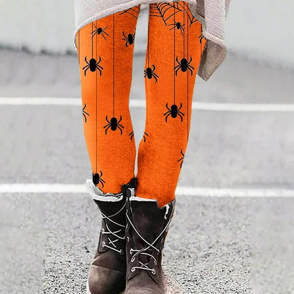VBTAPA Halloween Leggings for Women Novelty Holiday Party Tights Spider Web Printed High Waist Stretch Yoga Running Pants Buttery Soft Ankle Length Leggings Sales Today Orange XXL