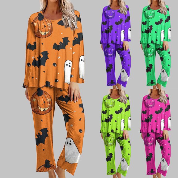 VBTAPA Halloween Pajamas Women 2 Piece Set Holiday Pjs Ghosts Graphic Long Sleeve Shirts and Pants Spooky Season Sleepwear Green XXL