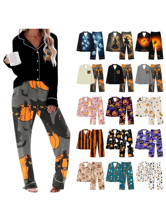 Halloween Pjs Women Funny Holiday Sleepwear Cute Printed Long Sleeve Button Down Shirts and Wide Leg Pants 2 Piece Set L