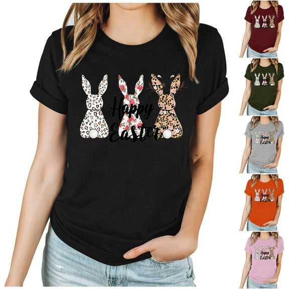 VBTAPA Bunny T-shirt for Women 2025 Easter Graphic Tees Egg Hunt Themed Printed Short Sleeve Crewneck Tee Tops Prime Sales Today Army Green L