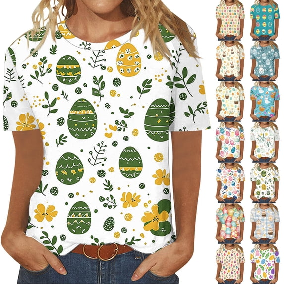 VBTAPA Happy Easter Shirts for Women Funny Egg Graphic Tees Short Sleeve Cute Rabbit Bunny T-shirt Lightweight Holiday Blouse Tops Flash Sales of The Day Multicolor L