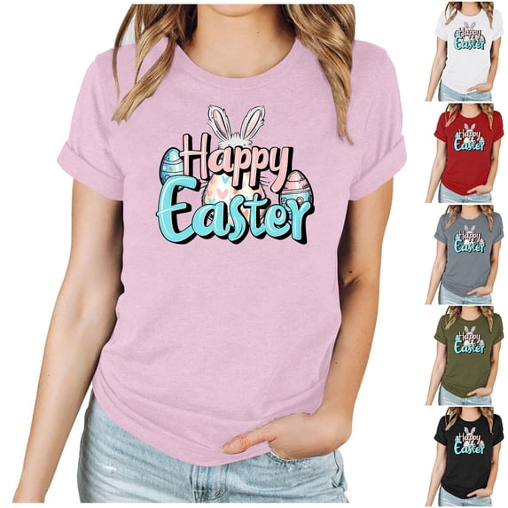 VBTAPA Happy Easter Shirts for Women Cute Bunny Eggs Graphic Tees Summer Casual Holiday Short Sleeve Crewneck Tee Tops Big Sales Today Black M