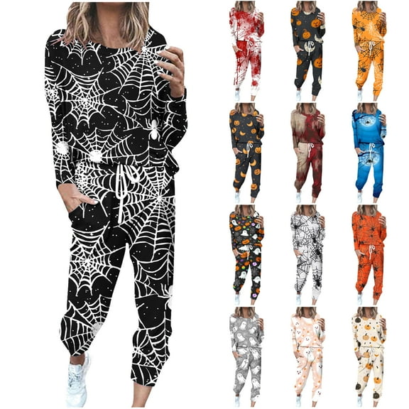 VBTAPA Happy Halloween Sweatsuit for Women 2 Piece Sets Cute Ghost Print Pullover Sweatshirt and Drawstring Elastic Waist Jogging Sweatpants Matching Outfits Dark Orange M