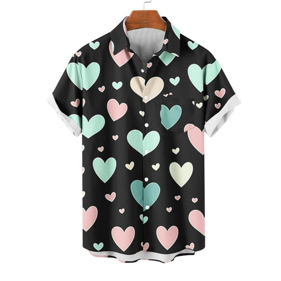 VBTAPA Hawaiian Shirt for Men Loose Fit Short Sleeve Button Down Shirts Valentines Day Heart Print Beach Shirt Summer Vacation Tops Multicolor M