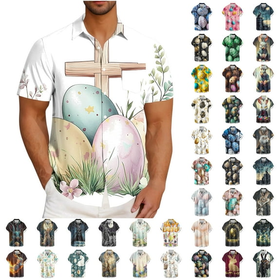 VBTAPA Hawaiian Shirts for Men Short Sleeve Aloha Beach Shirt Easter Bunny Eggs Print Casual Button Down Shirt Easter Gifts Limited Time Sales of Today Multicolor S