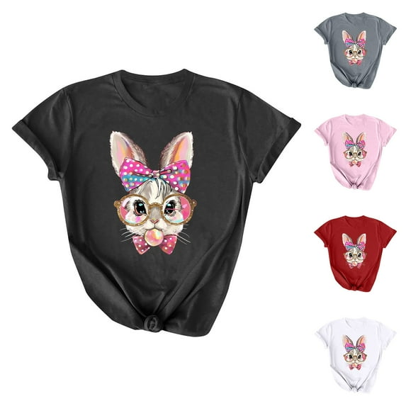 VBTAPA Women Happy Easter Shirt Eggs Hunting Themed Graphic T-Shirts Funny Cute Graphic Tees Teen Girls Short Sleeve Crewneck Tops on Sale Red XXXL