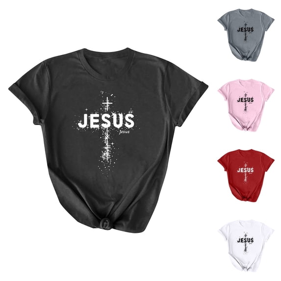 VBTAPA Jesus Shirts for Women Christian Cross Printed Short Sleeve T-shirts Happy Easter Rabbit Graphic Tees on Sale White XXXL