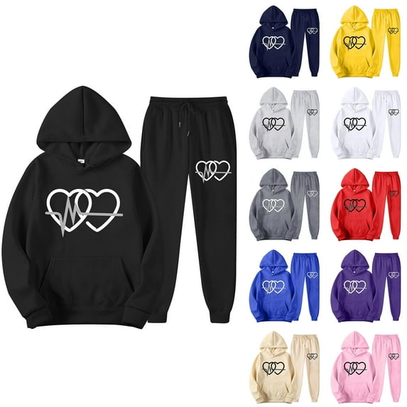 VBTAPA Jogger Sets for Women 2 Piece Casual Sports Outfits Double Heart Print Track Suits Oversized Hoodie Sweatsuits Set with Pockets Beige S