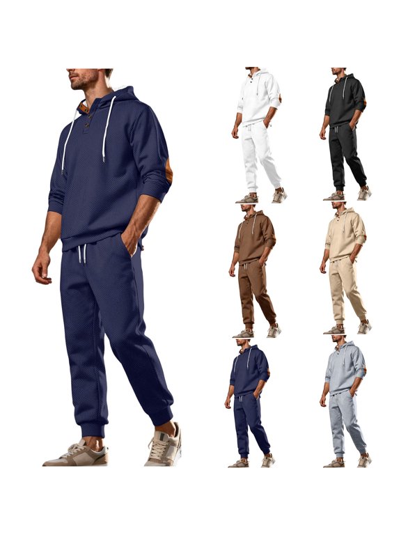 Jogging Sweatsuits for Men 2 Piece Jacquard Outfits Elbow Patch Long Sleeve Button Collar Hoodie and Joggers Sweatpants Tracksuit with Pockets Big and Tall Vintage Streetwear Navy L