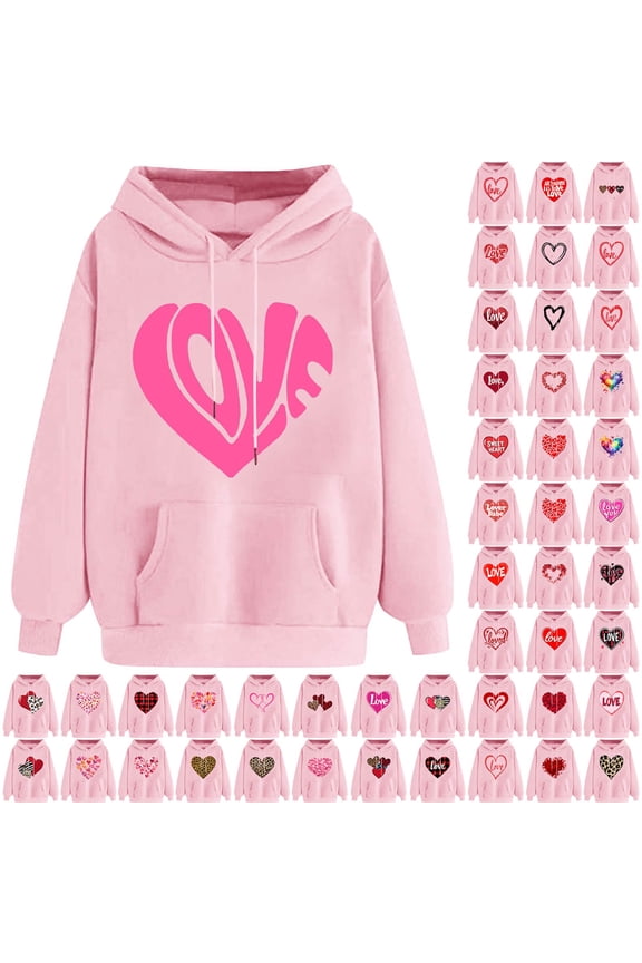 Kangaroo Pocket Hoodies for Women 2025 Valentine's Day Heart Print Hooded Sweatshirt Teen Girls Loose Casual Street Hoodie Y2K Hoody Tops Pink S