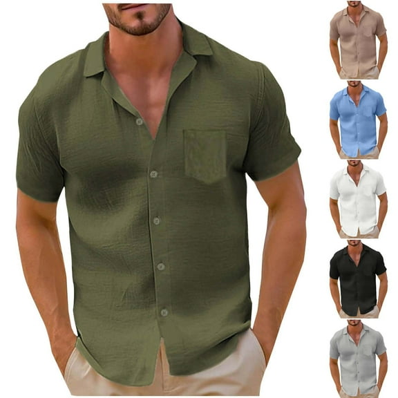 VBTAPA Linen Shirt Men Big and Tall Button Down Shirts Short Sleeve Lapel Tops Summer Casual Beach Shirt with Pocket Sales of the Day Black M