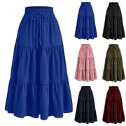 VBTAPA Long Flowy Skirts for Women Drawstring High Waisted Maxi Skirt with Pockets Boho Ruffle Tiered Beach A Line Skirt Navy XL