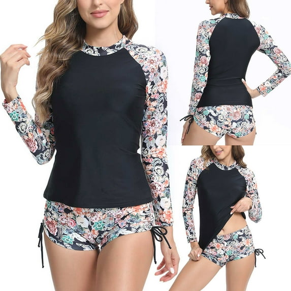 VBTAPA Long Sleeve Rash Guard Swimsuit for Women Two Piece Bathing Suit with Boyshorts Floral Print Swimming Suits Prime Sales of The Day Multicolor L