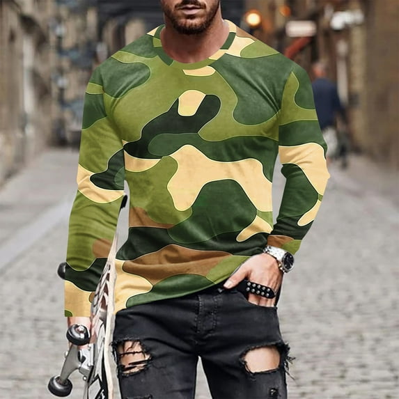 VBTAPA Long Sleeve T-shirt for Men Camouflage Graphic Tees Slim Fit Crewneck Pullover Casual Stylish Tee Tops 50% Percent off Deals Today Dark Green M