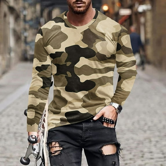 VBTAPA Long Sleeve T-shirt for Men Camouflage Graphic Tees Slim Fit Crewneck Pullover Casual Stylish Tee Tops Clearance Items Khaki XL