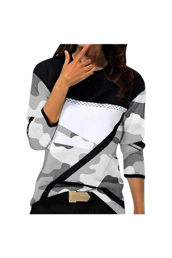 Long Sleeve Tunic Tops for Women Camouflage Geometric Patchwork Print Tops Dressy Casual Blouse Lightweight Pullover Tees Gray L