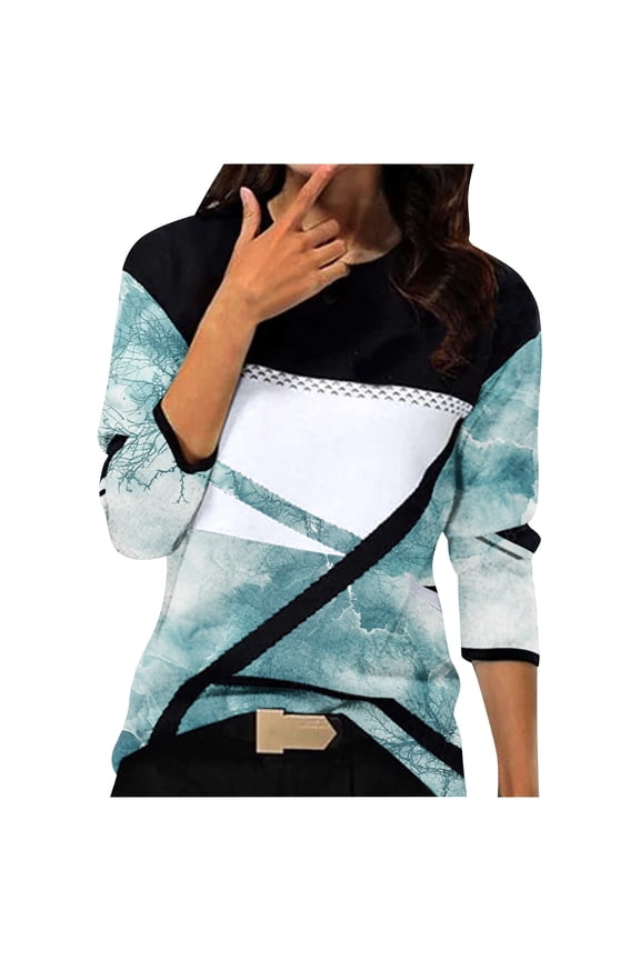 Long Sleeve Tunic Tops for Women Camouflage Geometric Patchwork Print Tops Dressy Casual Blouse Lightweight Pullover Tees Light Blue L