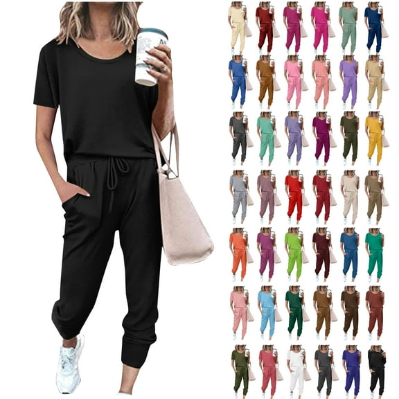 VBTAPA Lounge Sets for Women Sweatsuits Women 2 Piece Outfit Short Sleeve Crewneck Tops and Jogger Sweat Pants Casual Tracksuits with Pockets on Sale Wine XL