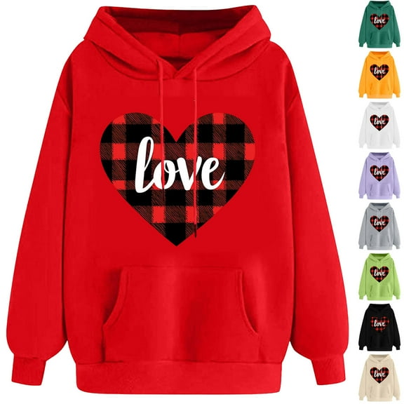 VBTAPA Love Heart Hooded Sweatshirts for Women Valentines Day Print Long Sleeve Drawstring Pullover Hoodie with Kangaroo Pocket Black M