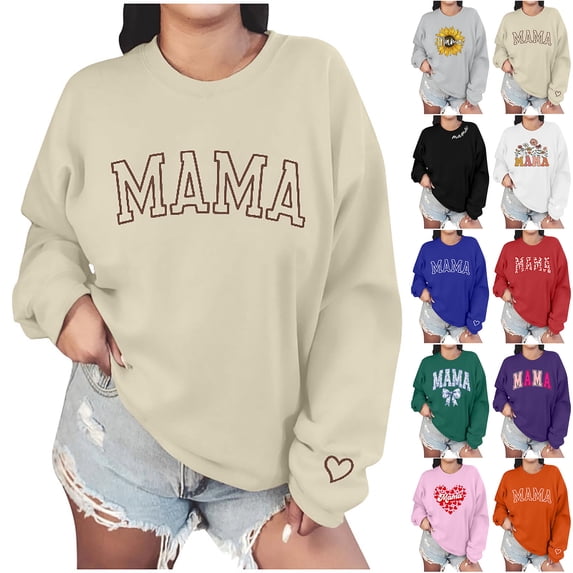 VBTAPA Mama Sweatshirt for Women Mom Life Mama Mommy Mom Letter Print Long Sleeve Crewneck Pullover Tops Loose Casual Sweatshirts Orange XS