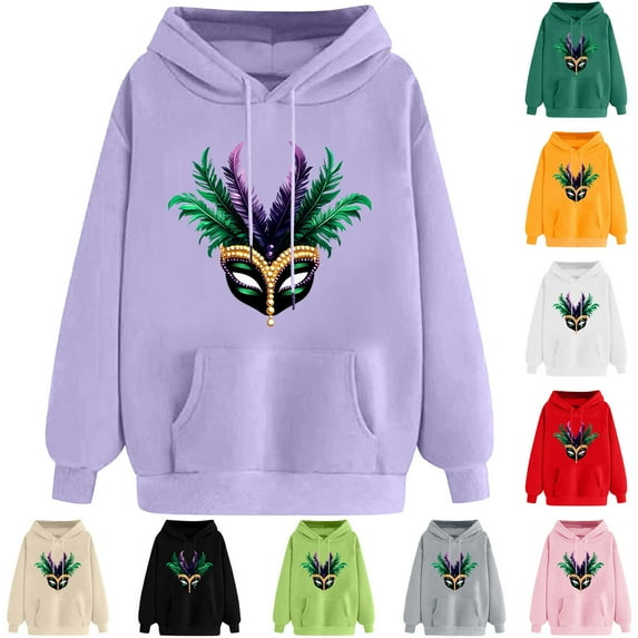 VBTAPA Mardi Gras Hoodies for Women Carnival Mask Graphic Print Hooded Sweatshirt Drawstring Pullover Hoodie with Kangaroo Pocket Purple S
