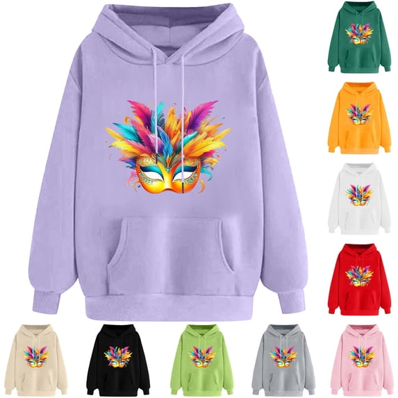 VBTAPA Mardi Gras Hoodies for Women Carnival Mask Graphic Print Hooded Sweatshirt Drawstring Pullover Hoodie with Kangaroo Pocket Yellow XL