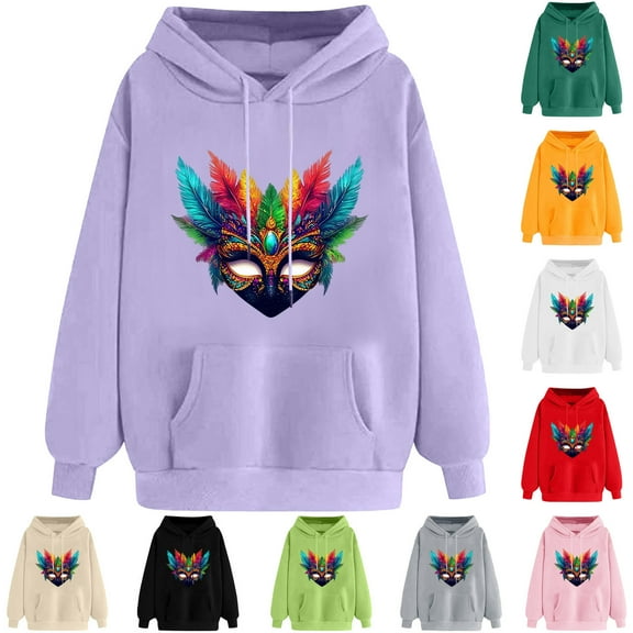 VBTAPA Mardi Gras Sweatshirt for Women Carnival Themed Graphic Hoodies Drawstring Long Sleeve Hooded Pullover 2025 Celebration Parade Party Hoodie Yellow XL