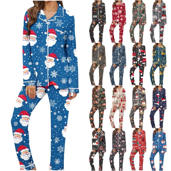 VBTAPA Matching Christmas Pajamas for Women 2 Piece Loungewear Set Christmas Tree Printed Long Sleeve Button Down Shirt and Wide Leg Pants Jammies Sets with Pockets Lighten DealsMulticolor XL