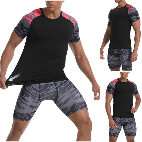 VBTAPA Men Compression Workout Set 2 PCS Quick Dry T Shirt and Shorts Gym Athletic Basketball Training Base Layer Set Black L