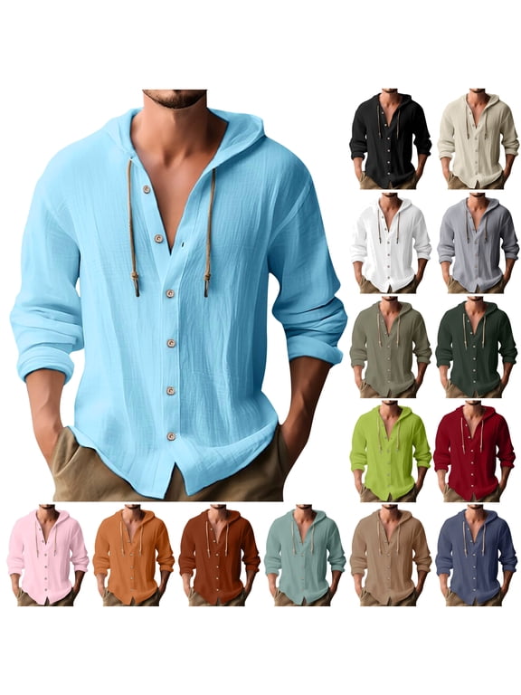 Men Cotton Linen Long Sleeve Button Down Shirt Summer Casual Hawaiian Beach Tops Lightweight Drawstring Hoodies Black L