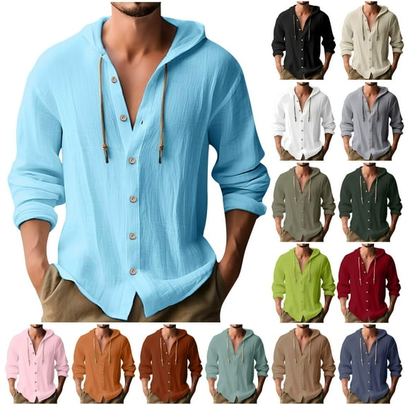 VBTAPA Men Cotton Linen Long Sleeve Button Down Shirt Summer Casual Hawaiian Beach Tops Lightweight Drawstring Hoodies Pink XXXXL