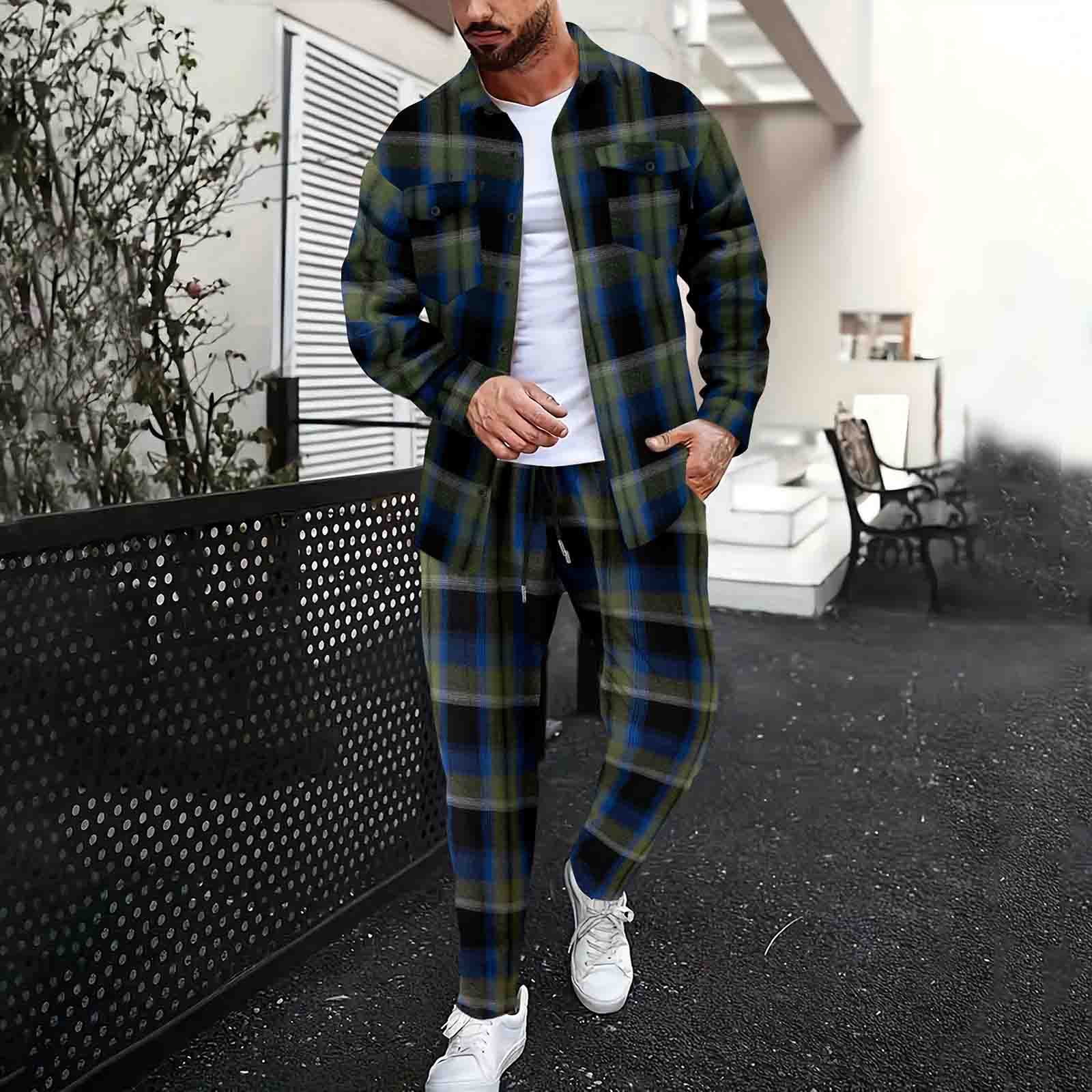 VBTAPA Mens Plaid Tracksuit Set Trendy Casual 2 Piece Outfit Long