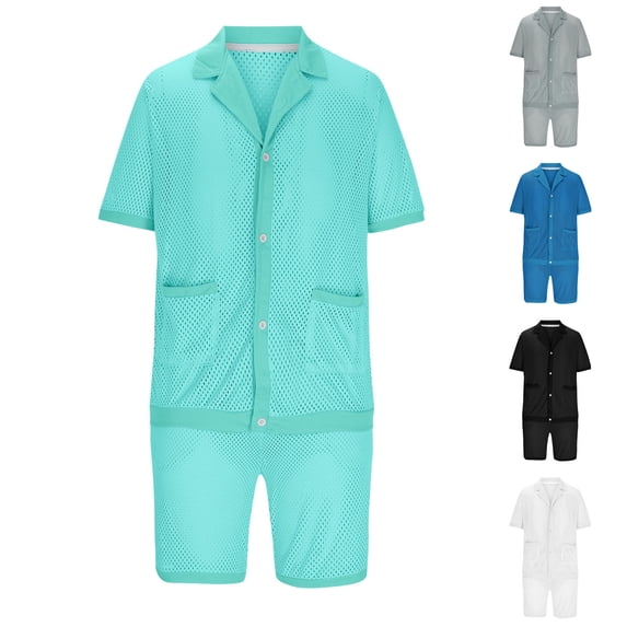 VBTAPA Men Hawaiian Beach Sets 2 Piece Mesh Outfits Short Sleeve Button Down Shirts and Drawstring Waist Shorts Set Breathable Summer Outfits Prime Sale Light Blue XXXL