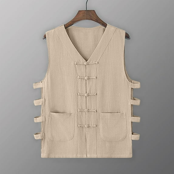 VBTAPA Men Plus Size Vest Basic Solid Cotton Linen Waistcoat Vintage Buckle Undershirt Loose Casual Sleeeveless Shirt with Pockets Beige L