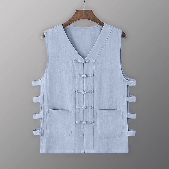VBTAPA Men Plus Size Vest Basic Solid Cotton Linen Waistcoat Vintage Buckle Undershirt Loose Casual Sleeeveless Shirt with Pockets Sky Blue XL