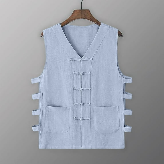 VBTAPA Men Plus Size Vest Basic Solid Cotton Linen Waistcoat Vintage Buckle Undershirt Loose Casual Sleeeveless Shirt with Pockets Sky Blue L