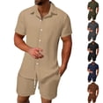 thumbnail image 1 of VBTAPA Men Short Sleeve Tracksuit 2026 Summer Beach Vacation Button Down Shirt Drawstring Waist Shorts Set 2 Piece Casual Outfits Khaki XL, 1 of 8