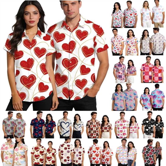 VBTAPA Men Valentines Day Shirt Big and Tall Hawaiian Shirts Romantic Love Heart Graphic Button Down Short Sleeve Shirt Beige S